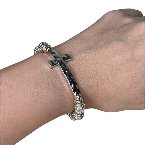 Silver Tone And Rhinestone Beaded Cross Bracelet Stretch Bracelet - Picture 2 of 8